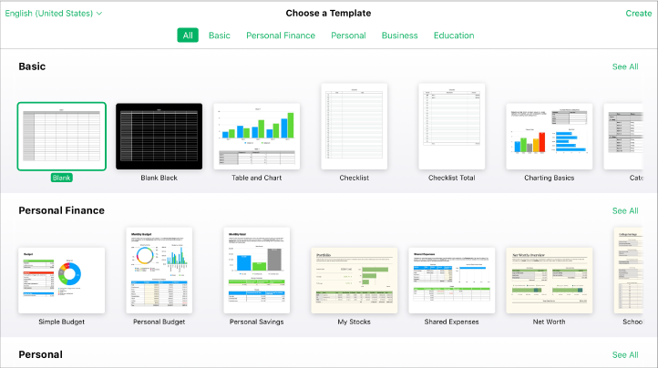 O seletor de modelos apresenta várias miniaturas de modelos. O modelo Em branco é selecionado.