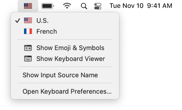 The Input menu on the upper-right side of the menu bar is open, and shows a number of languages available.