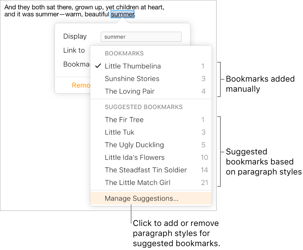 The bookmarks list with manually added bookmarks at the top and suggested bookmarks below. Manage Suggestions is selected at the bottom of the popup menu.