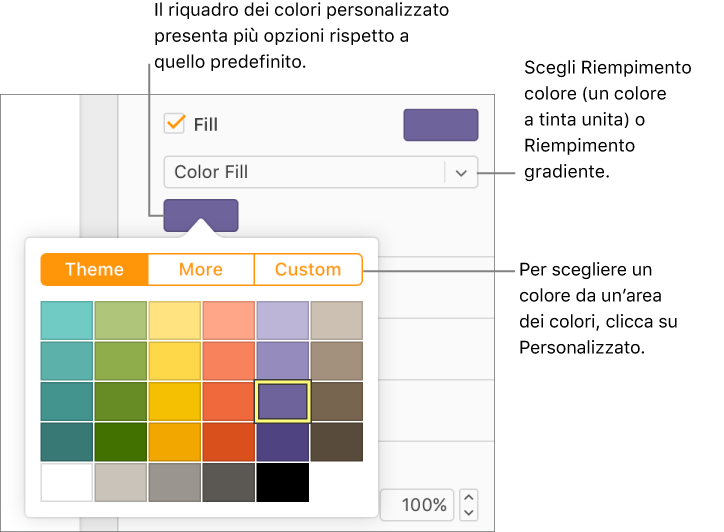 Riempimento colore è selezionato nel menu a comparsa Riempimento, e il riquadro colore sotto al menu a comparsa mostra maggiori opzioni di riempimento colore.