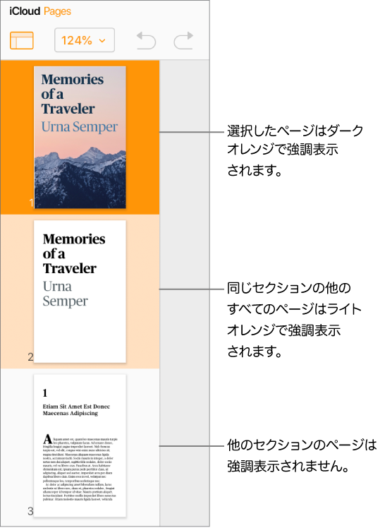 左サイドバーのページのサムネイル。選択したページは濃いオレンジ色で強調表示され、同じセクションに属するもう1つのページは薄いオレンジ色で強調表示されています。 別のセクションに属するページの背後には、ハイライトは表示されません。