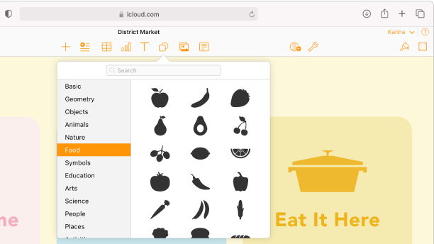 Otwarta biblioteka kształtów z listą kategorii kształtów, które można wybrać. Wybrana jest kategoria Jedzenie, a z prawej strony kategorii wyświetlane są obrazy kształtów jedzenia, z których można wybierać.