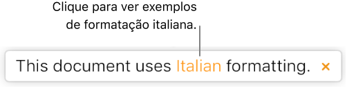 Uma mensagem que indica “Este documento utiliza formatação italiana”.