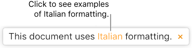 一則訊息顯示「本文件使用義大利文格式」。