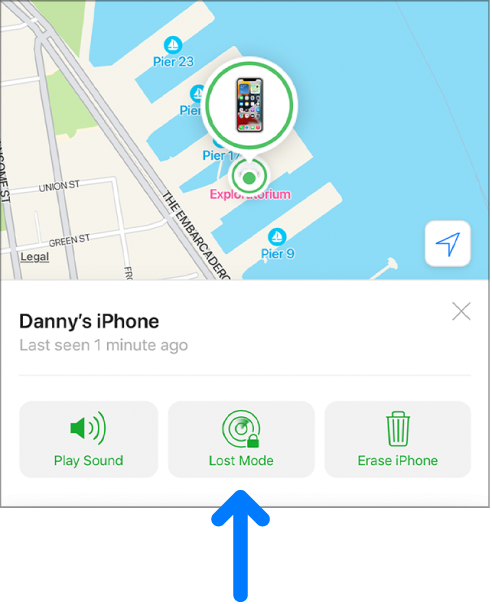 The Lost Mode button in the middle at the bottom of the device’s Info window.