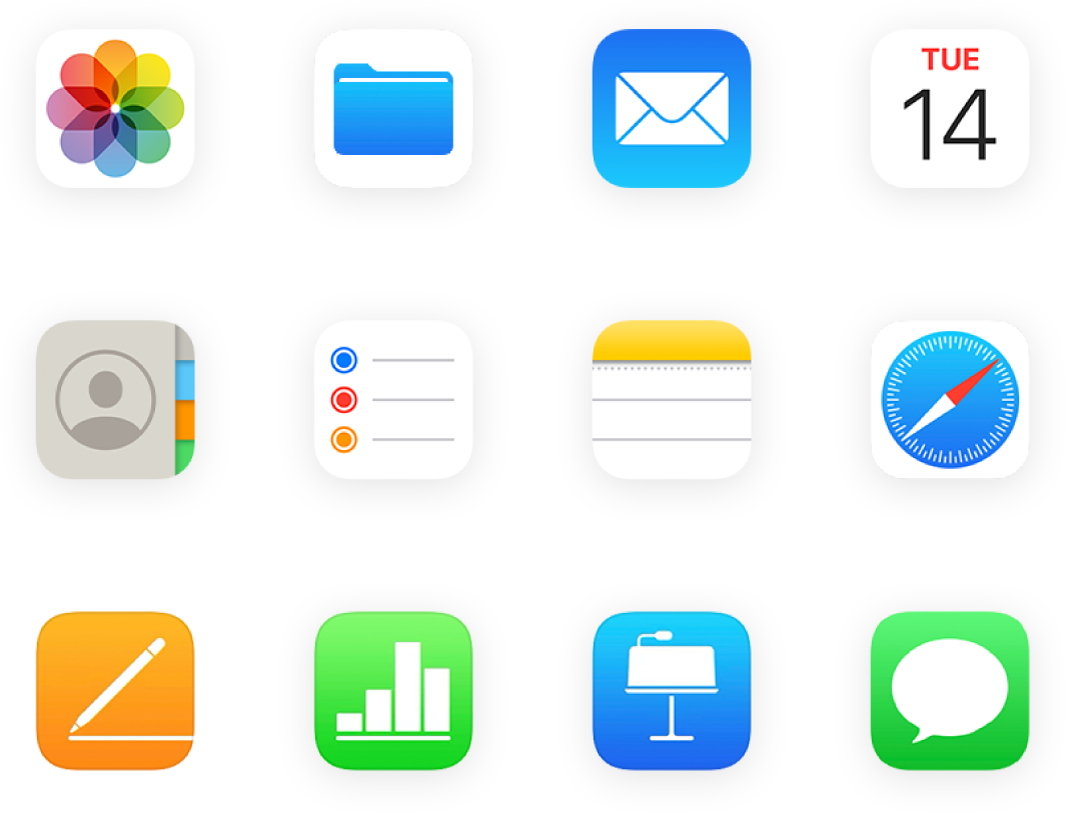 Mřížka ikon aplikací včetně Fotek, iCloud Drivu, Mailu a dalších.