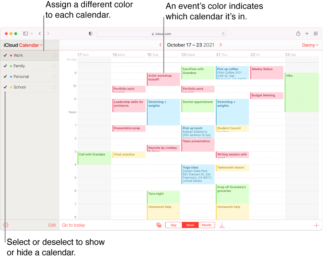 Okno Kalendáře na webu iCloud.com, kde se zobrazuje několik kalendářů. Kalendáře mají přiřazené různé barvy. Barva události označuje, ve kterém kalendáři se událost nachází.