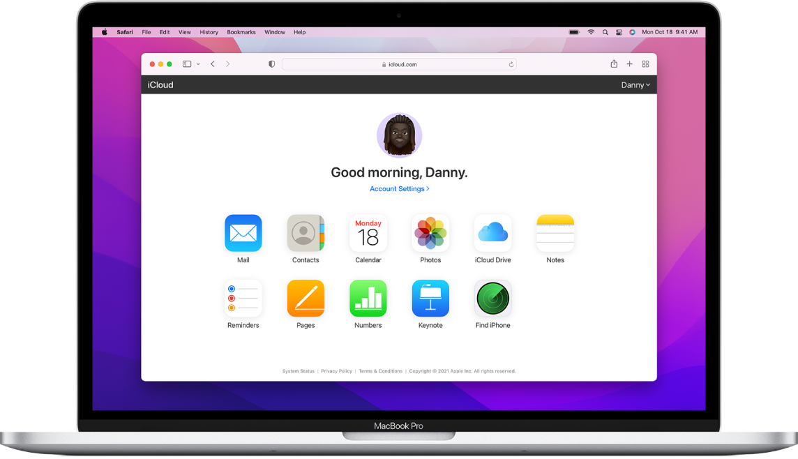 Úvodní stránka webu iCloud.com na Macu.