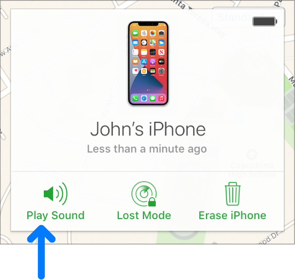 The Play Sound button in the bottom left-hand corner of the device’s Info window.