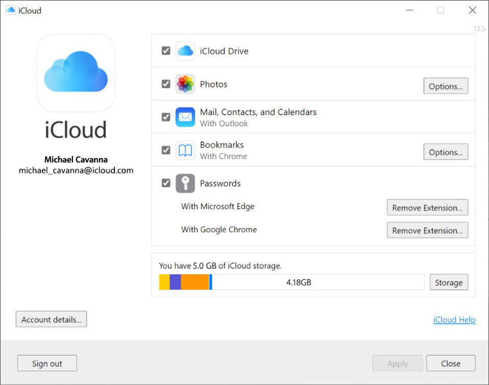 iCloud para Windows que muestra casillas de verificación junto a las funciones de iCloud.