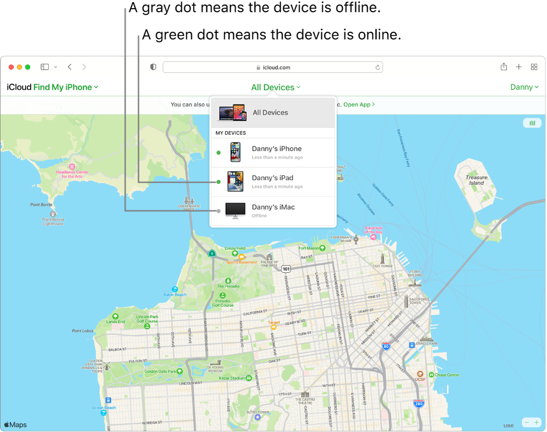Etsi iPhoneni -appi iCloud.com-palvelussa avattuna Safarissa Macilla. San Franciscoa esittävällä kartalla näkyvät kolmen laitteen sijainnit. Dannyn iPhone ja Dannyn iPad ovat yhteydessä verkkoon, joten ne on merkitty vihrein pistein. Dannyn iMac ei ole verkkoyhteydessä, joten se on merkitty harmaalla pisteellä.