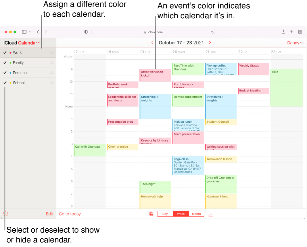 La fenêtre Calendrier sur iCloud.com, avec plusieurs calendriers visibles. Différentes couleurs sont attribuées aux calendriers, et la couleur d’un événement indique dans quel calendrier il se trouve.