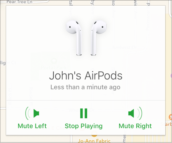 AirPods「資訊」視窗的「靜音（左）」、「停止播放」及「靜音（右）」按鈕。