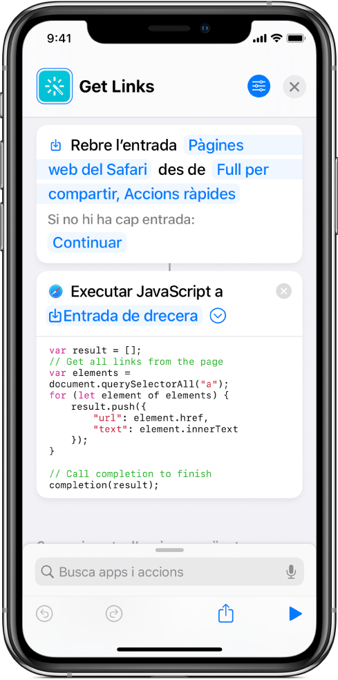 L’acció “Executar JavaScript a la pàgina web” a l’editor de dreceres.