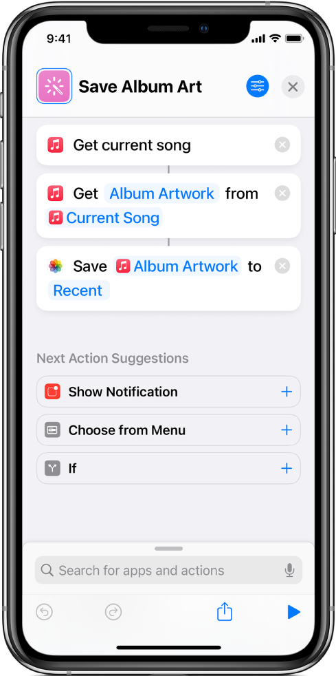 Example shortcut showing actions that extract content from an input.