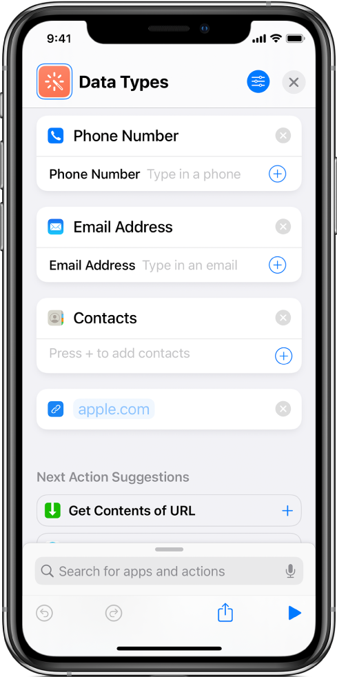 Shortcut editor showing actions that store content in the shortcut.
