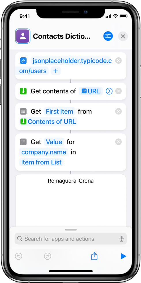 Get Dictionary Value action in the shortcut editor with the key set to company.name.