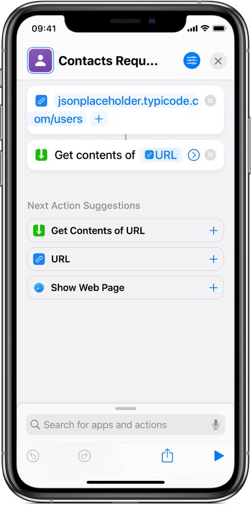 An API request that contains a URL action pointing at the API endpoint, followed by a Get Contents of URL action.