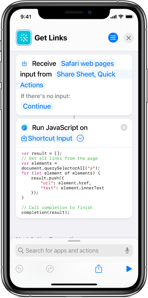 The Run JavaScript on Webpage action in the shortcut editor.