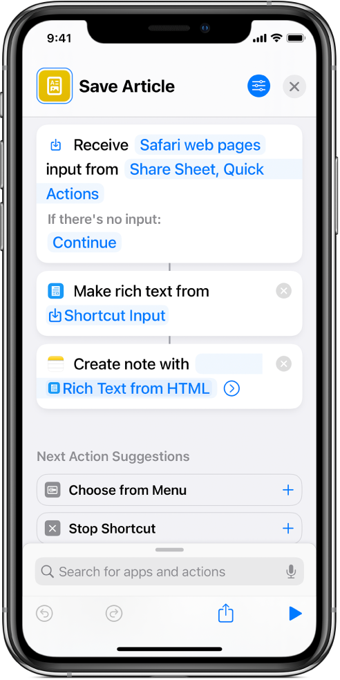 Actions shown in the shortcut editor.