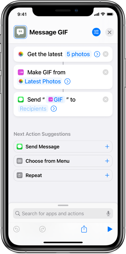 Shortcut editor showing actions used to send a message with photos as an animated GIF.