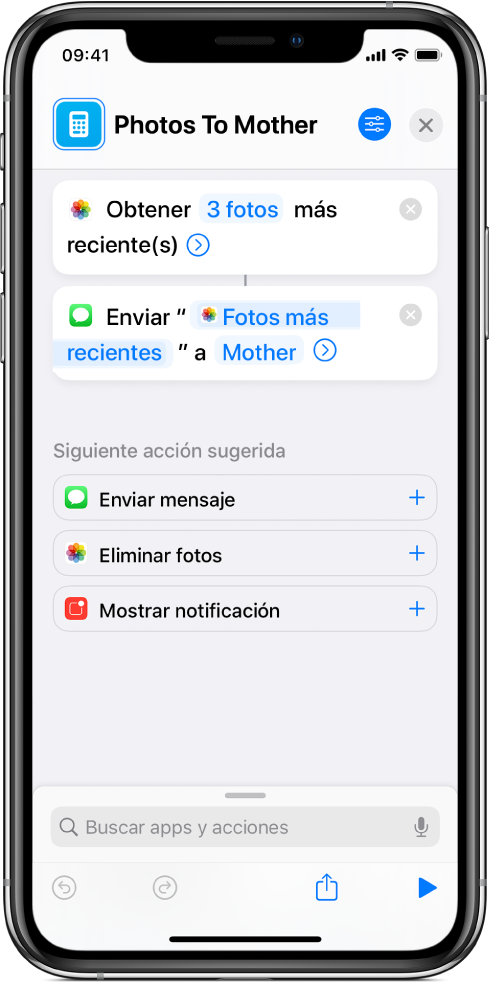 Atajo que contiene una acción "Fotos más recientes" y una acción "Enviar mensaje".