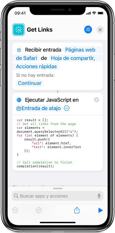 La acción "Ejecutar JavaScript en página web" en el editor de atajos.