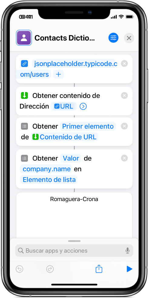 La acción “Obtener valor del diccionario” en el editor de atajos con la clave “nombre.empresa” seleccionada.