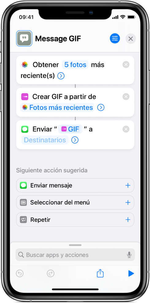 El editor de atajos mostrando acciones para enviar un mensaje con fotos como una imagen GIF animada.