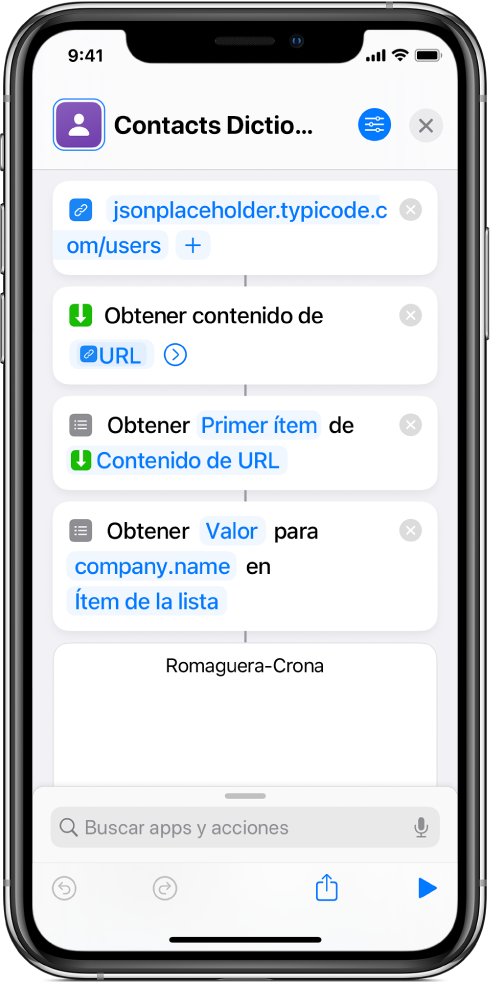 Acción “Obtener valor del diccionario” en el editor de atajos con la clave ajustada como nombre.empresa.
