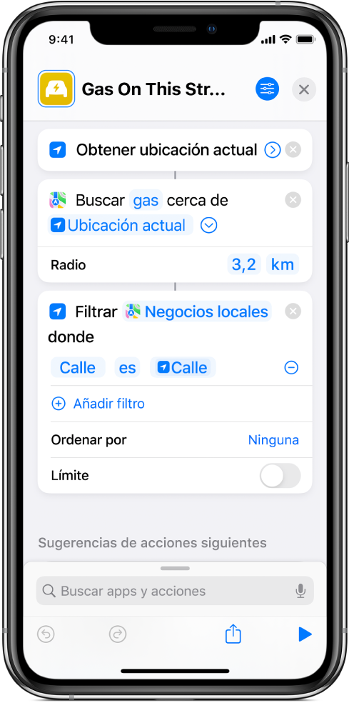 Acción de filtrar ubicaciones en el editor de atajos.