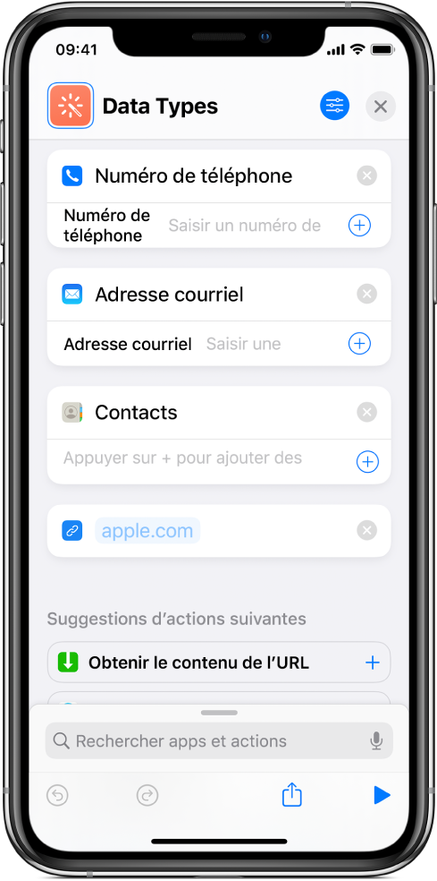Éditeur de raccourcis affichant des actions qui stockent du contenu dans le raccourci.