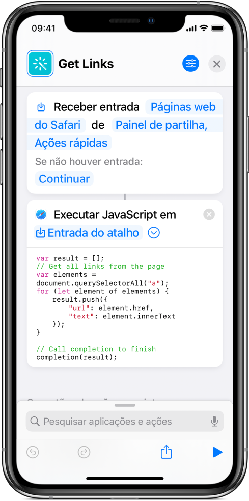 A ação “Executar JavaScript na página web” no editor de atalhos.