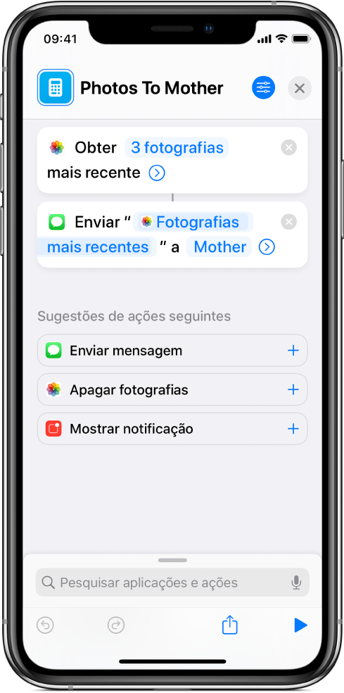 Atalho com uma ação “Obter fotografias mais recentes” e uma ação “Enviar mensagem“.