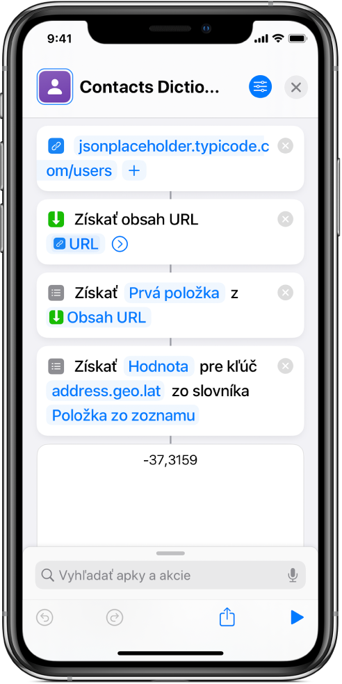 Akcia Získať hodnotu zo slovníka v editore skratiek s kľúčom nastaveným na možnosť „address.geo.lat“.