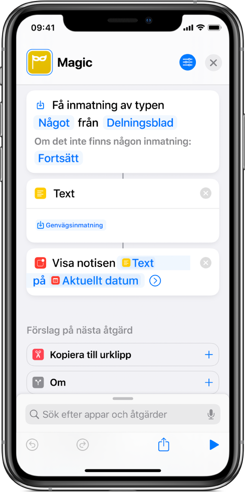 Exempel på variabler i genvägsredigeraren.