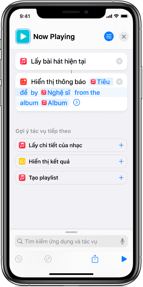 Tác vụ Hiển thị thông báo trong trình sửa phím tắt và cảnh báo Đang phát của Nhạc được gọi ra bên cạnh tác vụ Hiển thị thông báo.