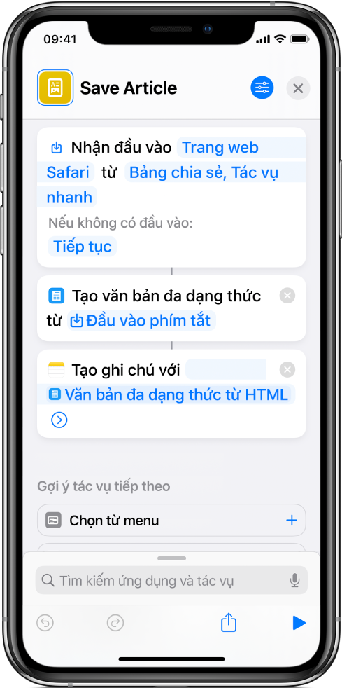 Các tác vụ được hiển thị trong trình sửa phím tắt.