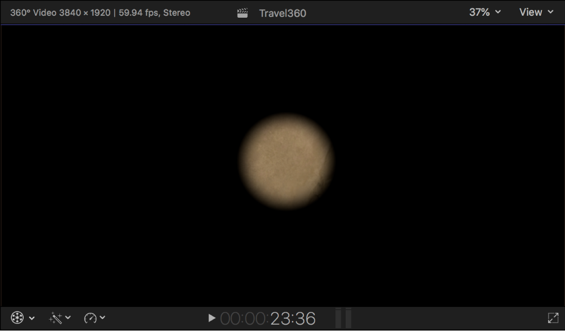 Der Viewer mit einem Bild, auf das der Effekt „360°-Patch“ angewendet wurde, vor schwarzem Hintergrund