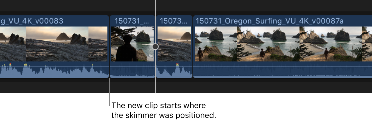 Ein angezeigter neuer Clip wird zur Timeline hinzugefügt, mit dem Endpunkt an der Skimmer-Position