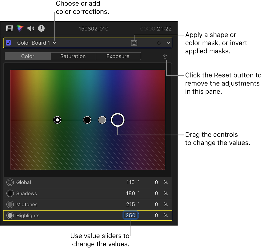 The Color inspector showing controls in the Color pane of the Color Board