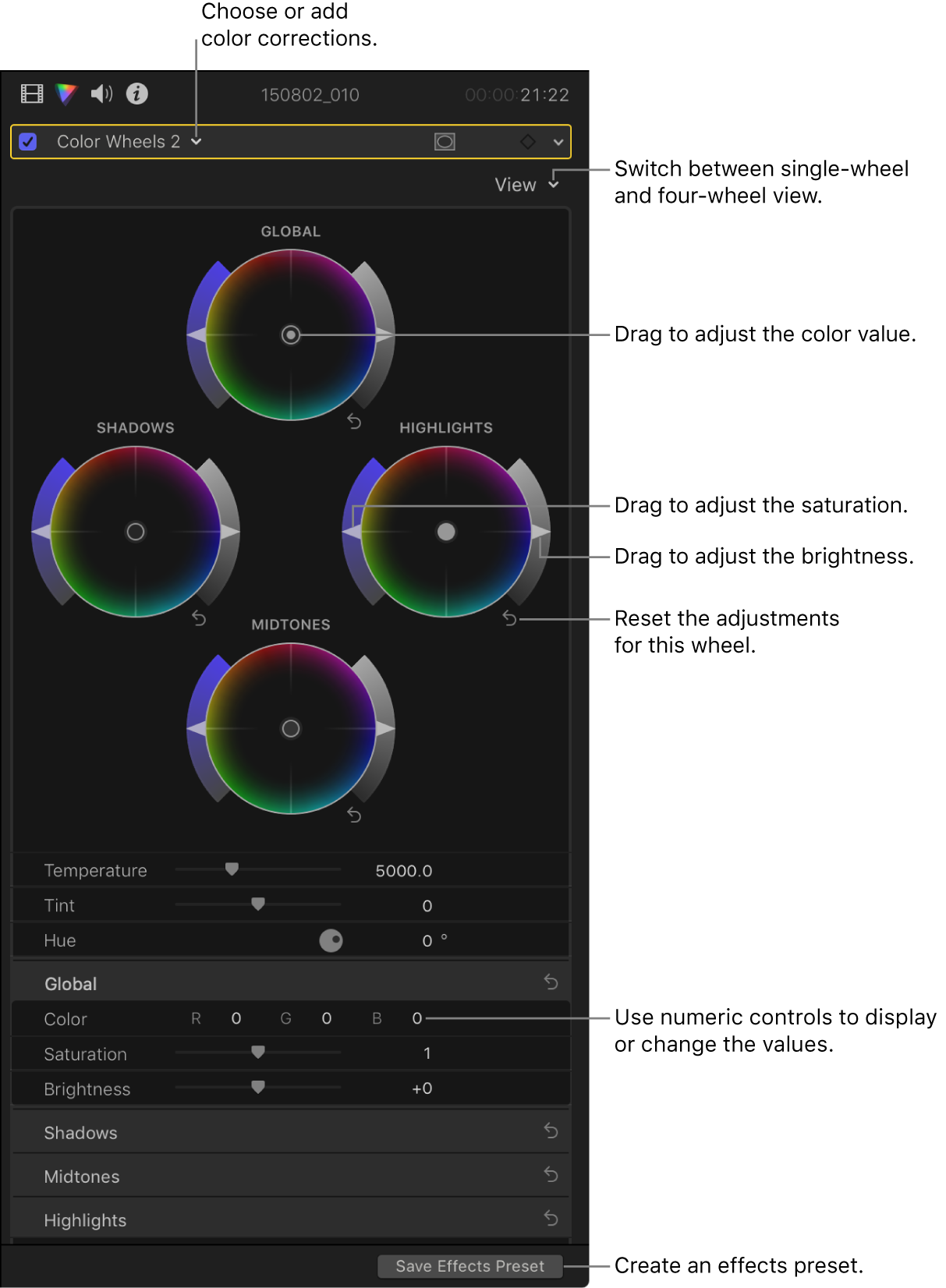 Color Wheels controls in the Color inspector
