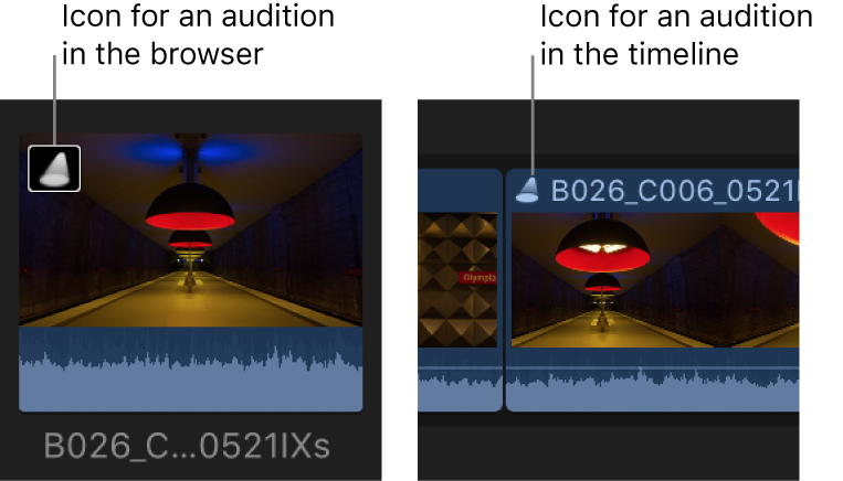 An audition icon on a clip in the browser and on a clip in the timeline