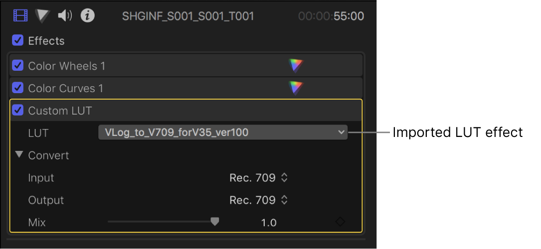 The Custom LUT section of the Video inspector, with the LUT pop-up menu showing an imported LUT effect