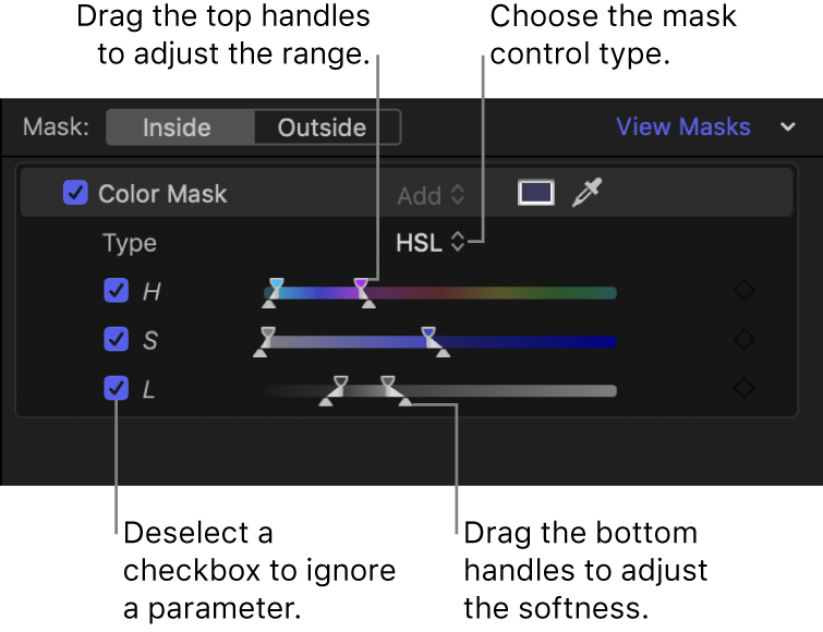 The Color Mask section of the inspector, with the Type pop-up menu set to HSL and the Hue, Saturation, and Luma parameter controls appearing below. Each parameter has a checkbox for enabling or disabling the parameter, and sliders with top and bottom handles for adjusting the parameter.