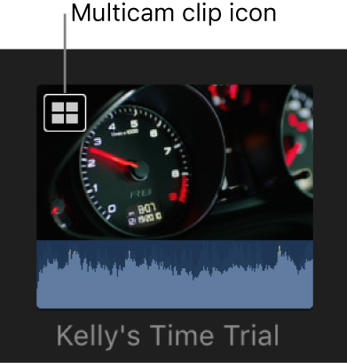 A multicam clip in the browser with a multicam clip icon in the top-left corner