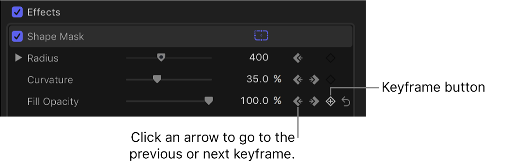 Keyframe controls in the Shape Mask section of the Video inspector