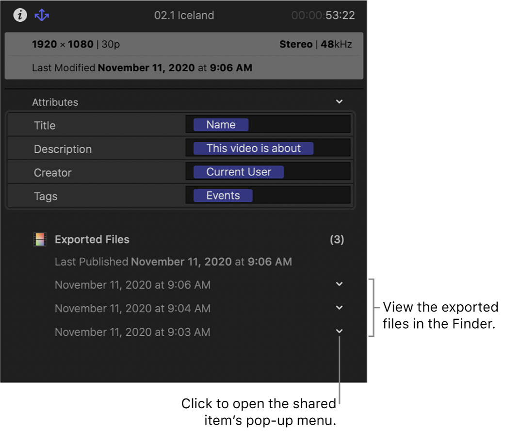 The Share inspector showing information about where a selected item was shared
