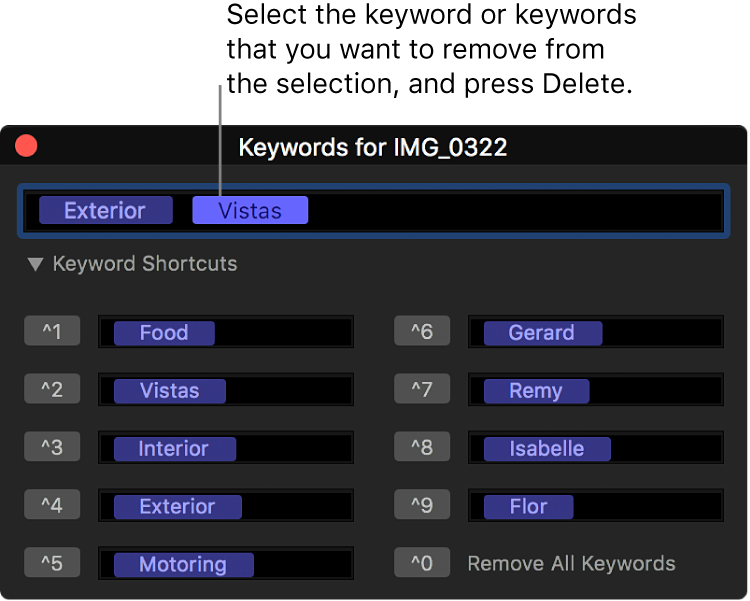 The keyword editor showing a keyword selected for deletion