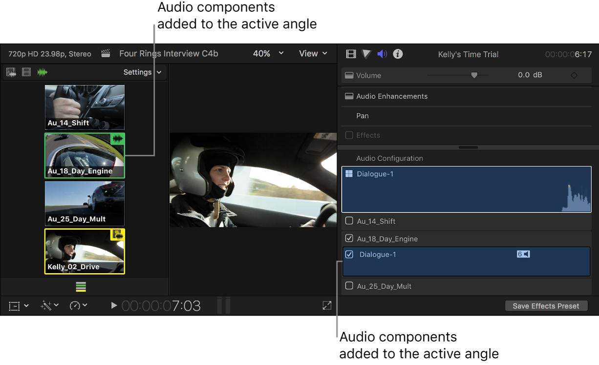 Added audio components shown highlighted in the angle viewer and the Audio inspector